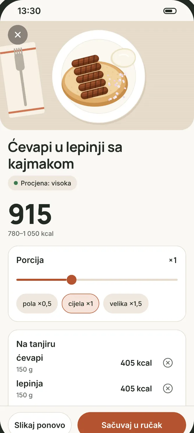 Ekran rezultata u aplikaciji: ćevapi u lepinji sa kajmakom, 915 kcal, raspon 780–1.050 kcal, procjena visoka, klizač za porciju